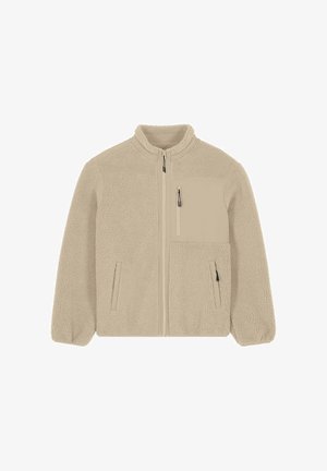 Veste en polaire beige à fermeture éclair intégrale avec col montant, deux poches latérales, une poche poitrine zippée et tissu doux texturé.