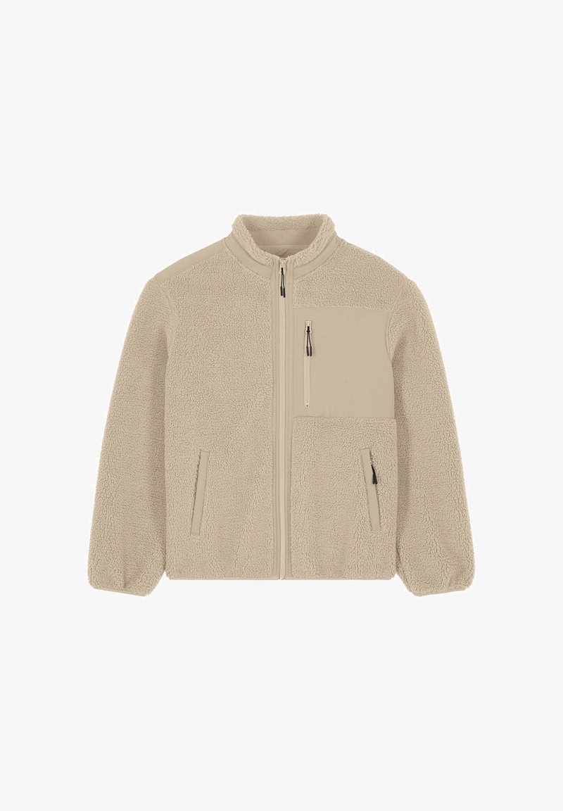 Beige fleecejack met volledige ritssluiting, opstaande kraag, twee zijzakken, één borstzak met rits en een zachte, gestructureerde stof.