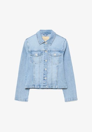 Hellblaue Jeansjacke mit langen Ärmeln, Knopfleiste vorne, zwei Brusttaschen mit Knopfklappen und einem klassischen Kragen.