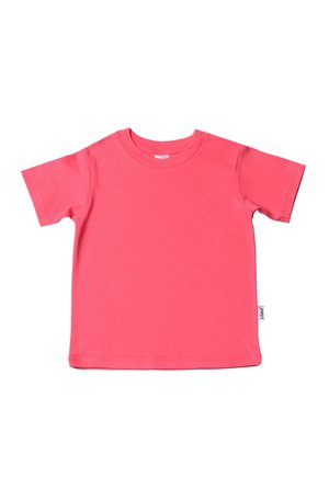 Short-sleeve t-shirt in bright pink cotton. Features a round neckline and a tag on the side. Smooth texture with a solid color finish.