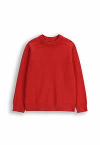 Czerwony sweter wykonany z miękkiej tkaniny, z okrągłym dekoltem, prążkowymi mankietami i ściągaczem u dołu oraz prostym wzornictwem bez widocznych wzorów czy ozdób.