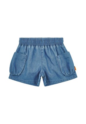 Jeansshorts mit elastischem Bund, zwei großen Seitentaschen, legerer Form und hellblauer Farbe. Weiche Textur mit leichten Raffungen.