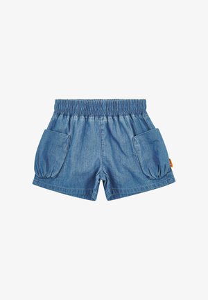 Short en jean avec une taille élastique, deux grandes poches latérales, une coupe décontractée et une couleur bleu clair. Texture douce avec de légers fronces.