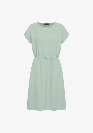 Mentazöld, rövid ujjú, laza szabású ruha, állítható derékmegoldással és puha, texturált anyagból. Kerek nyakkivágása van, és térd alatt végződik.