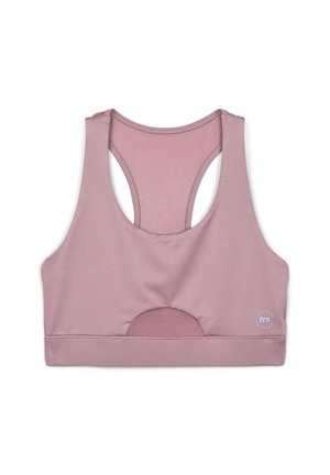 Reggiseno sportivo rosa chiaro con design senza cuciture, spalline incrociate, un dettaglio in rete circolare nella parte anteriore e un piccolo logo di lato.