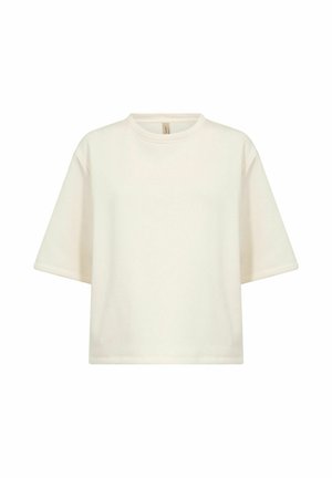 Tricou larg, cu mâneci scurte și de culoare alb-crem, cu gât rotund și tiv drept, expus pe un fundal alb.