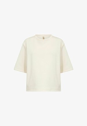 Tricou larg, cu mâneci scurte și de culoare alb-crem, cu gât rotund și tiv drept, expus pe un fundal alb.