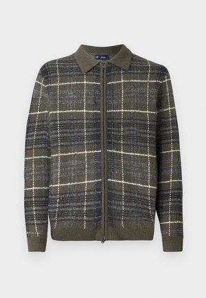 Koepraldi tikandiga sviiter oliivrohelises, millel on valged ja tumsinised ruudud, ning ühtlane soonikkoes krae ja varrukate ääred.