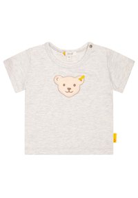 Graues Baumwoll-T-Shirt mit kurzen Ärmeln, das eine Bärenkopf-Stickerei und ein gelbes Akzentetikett an der Seite aufweist. Enthält einen Druckknopf am Kragen.