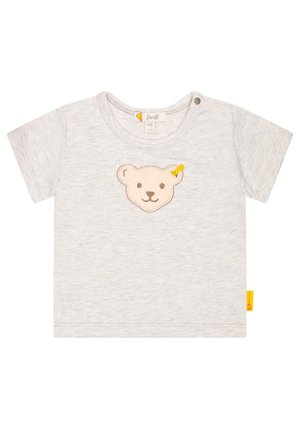 Graues Baumwoll-T-Shirt mit kurzen Ärmeln, das eine Bärenkopf-Stickerei und ein gelbes Akzentetikett an der Seite aufweist. Enthält einen Druckknopf am Kragen.