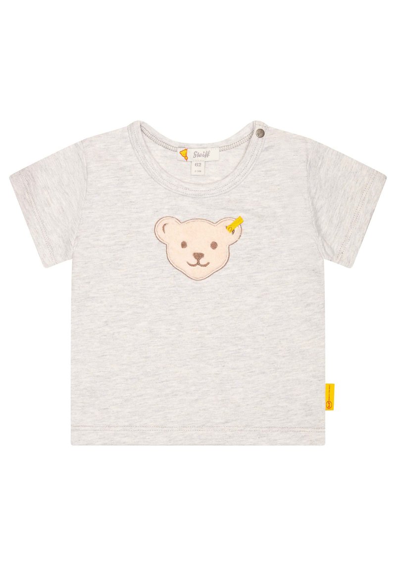 Graues Baumwoll-T-Shirt mit kurzen Ärmeln, das eine Bärenkopf-Stickerei und ein gelbes Akzentetikett an der Seite aufweist. Enthält einen Druckknopf am Kragen.