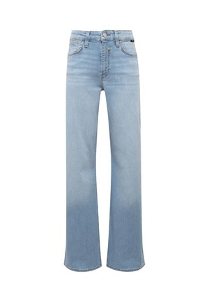Light blue high-waist straight-leg jeans with front pockets, belt loops, button, and zipper closure, shown on a white background.