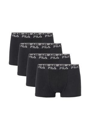 Fire sorte herre boxershorts med grå elastiske linninger med FILA-logo i hvid, arrangeret i en forskudt række.