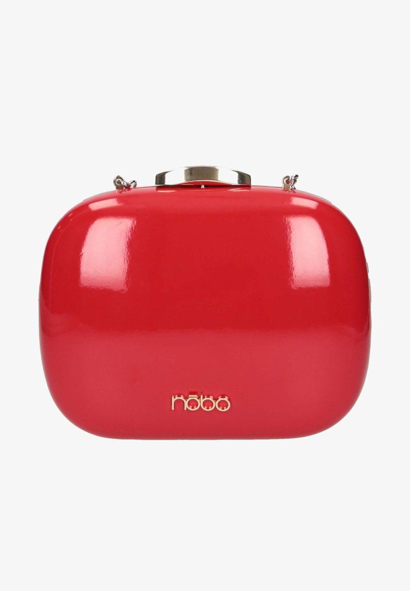 Sac pochette rectangulaire rouge brillant avec bords arrondis et fermoir doré, avec petit logo doré "nobo" en bas au centre.
