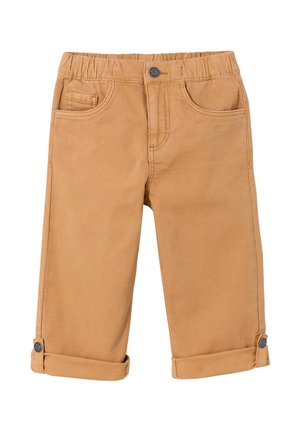 Braune Kinderhose mit elastischem Bund, Frontknopf, zwei schrägen Taschen und umgeschlagenen Bündchen mit Knopfklappen.