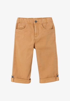 Braune Kinderhose mit elastischem Bund, Frontknopf, zwei schrägen Taschen und umgeschlagenen Bündchen mit Knopfklappen.