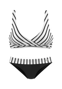 Schwarzes und weißes gestreiftes Bikini-Set mit einem Wickel-Oberteil und einem hochgeschnittenen Unterteil mit gewellten Details entlang der Kanten.