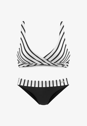 Black and white striped bikini set with a wrap-style top and a high-waisted bottom featuring scalloped detailing along the edges.