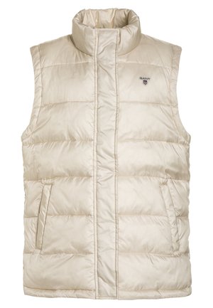 Beige quiltet udenærmet puffervest med høj krave, sidelommer og lille Gant-logo på venstre bryst.