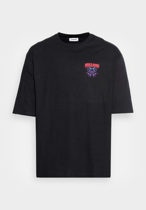 Black cotton t-shirt with short sleeves. Features a colorful graphic print on the chest depicting a stylized design. Relaxed fit.