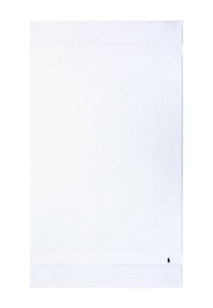 Asciugamano da bagno rettangolare bianco con rifinitura testurizzata alle estremità e piccolo logo nero ricamato nell'angolo in basso a destra.