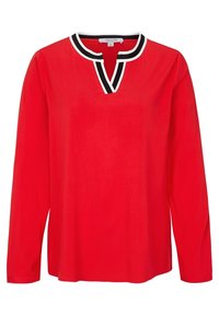 Rød langærmet bluse med V-hals, der har en kontrasterende sort og hvid kravekant. Glat materiale med en afslappet pasform.