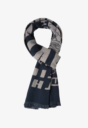 Knitted scarf with a blue and gray color scheme, featuring geometric patterns and frayed edges. Made of a soft, textured material.