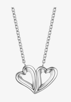 Strieborný náhrdelník so zlatými srdiečkovými príveskami, ktoré sú prepojené a zdobené vyrezávanými vzormi a štruktúrovaným reťazcom.