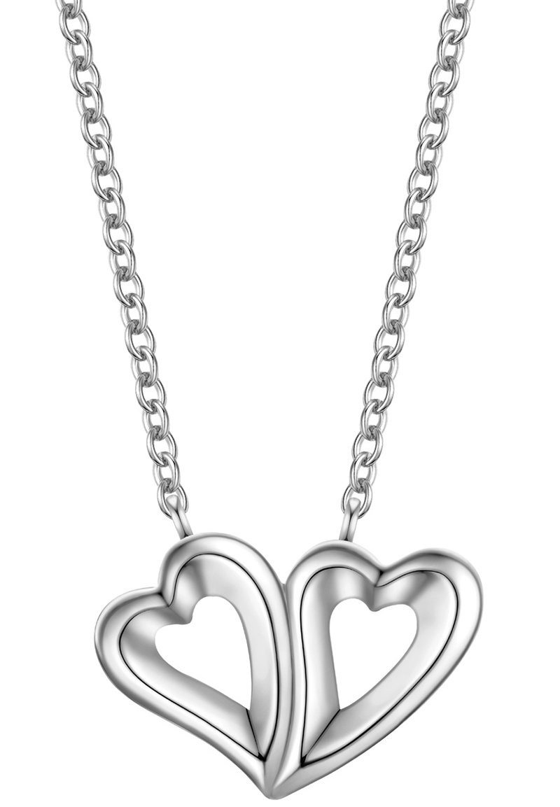 Hõbedane kaelakee, millel on kaks omavahel põimunud südamekujulist ripatsit, millel on lõikekohtadega disain ja tekstureeritud kett.