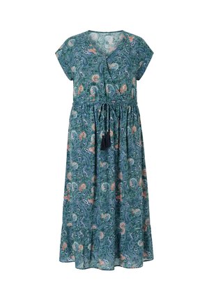 Groene midi-jurk met korte mouwen, paisley-patroon in blauw en oranje, V-hals met kwastje en trekkoord, en een taille die is geplooid.