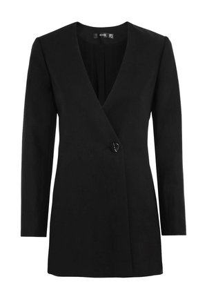Zwarte blazerjurk met lange mouwen, diepe V-halslijn en enkele knoopsluiting bij de taille.