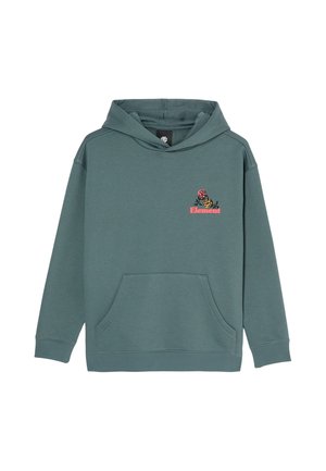 Zielona bluza z kapturem z kieszenią z przodu, małe logo na piersi z dwoma kwiatami i napisem „Element” różową czcionką. Brak osób.