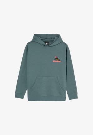 Sweat à capuche vert avec poche devant, petit logo sur la poitrine avec deux fleurs et le mot « Element » en rose. Aucun personnage présent.