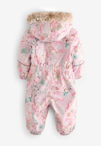 Tuta intero rosa con un motivo floreale e di unicorni, dotato di cappuccio in pelliccia sintetica, polsini e vita elasticizzati, realizzato in materiale impermeabile.