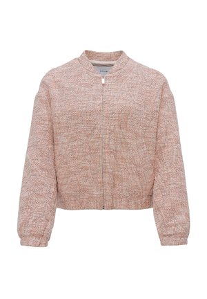 Pink cropped bomber jacket with textured fabric, ribbed collar and cuffs, front zipper closure, and a soft, woven appearance.