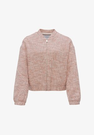 Rosa verkürzte Bomberjacke aus strukturiertem Stoff, mit geripptem Kragen und Bündchen, Frontreißverschluss und einem weichen, gewebten Aussehen.