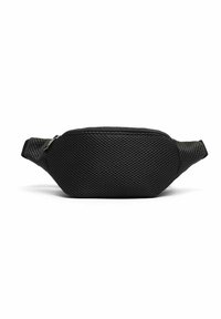 Black mesh fanny pack with a curved shape, zip closure, and adjustable strap. Textured surface offers breathability and lightweight design.