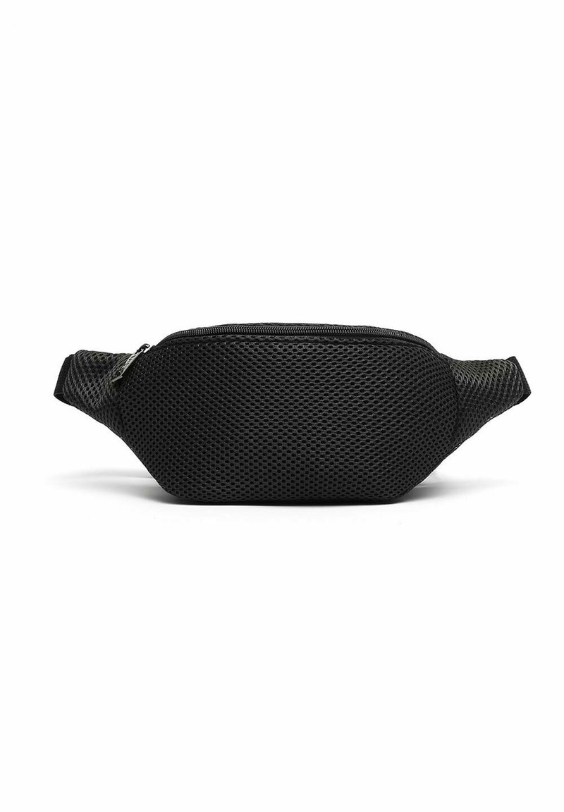 Black mesh fanny pack with a curved shape, zip closure, and adjustable strap. Textured surface offers breathability and lightweight design.