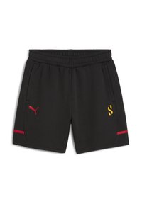 Pantalones cortos deportivos negros con cinturilla elástica, bolsillos laterales, detalles rojos a lo largo del dobladillo y un logo gráfico amarillo en la parte frontal.