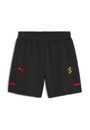 Sorte sportshorts med elastisk talje, sidelommer, røde accenter langs kanten og gul grafisk logo på fronten.