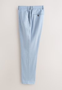Light blue men's dress pants with a single back pocket featuring a button closure, shown from the back on a light background.