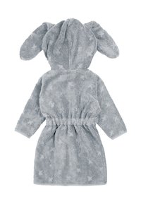 Šedý župan s kapucí a zajíčkovými ušima, vyrobený z měkké, texturované látky s hvězdným vzorem. Elastický pas a dlouhé rukávy.