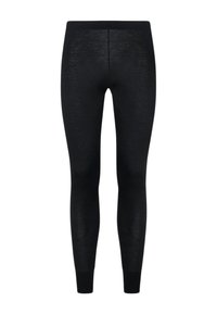 Leggings neri realizzati in un tessuto liscio ed elasticizzato con un design aderente. Il bordo vita è largo e le gambe sono lunghe con polsini alle caviglie.