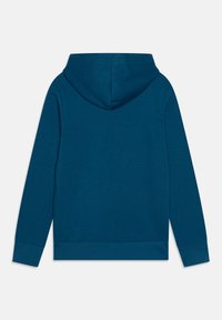 Sweat à capuche en bleu sarcelle, avec des manches longues et un ourlet droit. Fabriqué en tissu doux et texturé sans graphismes visibles.