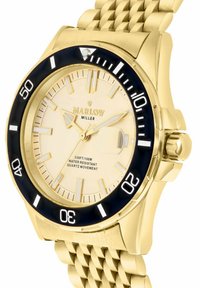 Goldfarbene Metalluhr mit schwarzem Ring, silbernen Stundenmarkierungen und einem hellbeigen Ziffernblatt. Ausgestattet mit einem Mesh-Armband und wasserdicht bis zu 100 m.