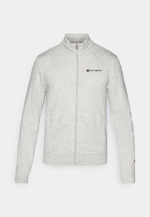 Hellgraue Zip-up Sweatjacke aus weichem Stoff, mit hohem Kragen und besticktem "Champion"-Logo auf der linken Brust.