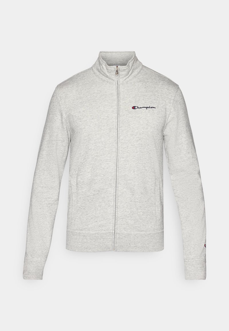Lichtgrijze zip-up sweatshirt van zacht materiaal, met een hoge kraag en het geborduurde "Champion"-logo op de linkerborst.