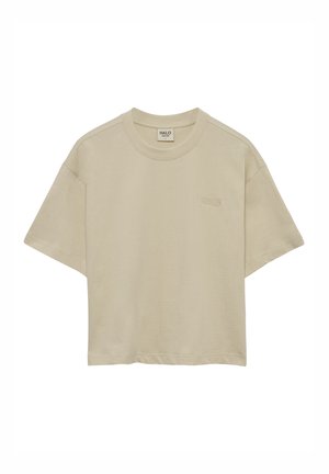 Beige, kurzes T-Shirt aus weichem Stoff mit Rundhalsausschnitt und kurzen Ärmeln. Dezente Logo-Stickerei auf der Vorderseite.