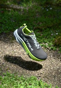 Chaussure de course légère en gris et vert néon. Caractéristiques : tige en maille, semelle rembourrée, lacets blancs et un logo bien en vue sur le côté.