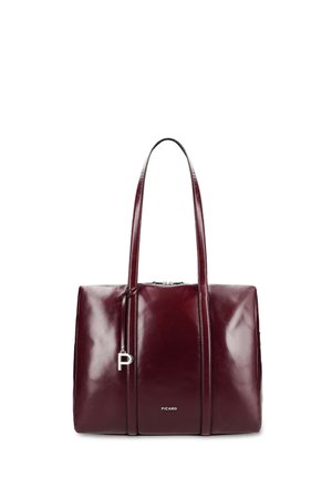 Bordeauxrote Lederhandtasche mit zwei langen Griffen, silbernem Reißverschlussanhänger und dem Markennamen "Picard" mittig vorne.